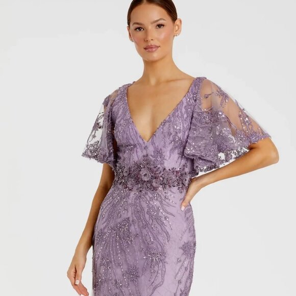 MacDuggal Purple Lilac Embellished Flutter Sleeve Evening Gown Dress Formal - Picture 1 of 12